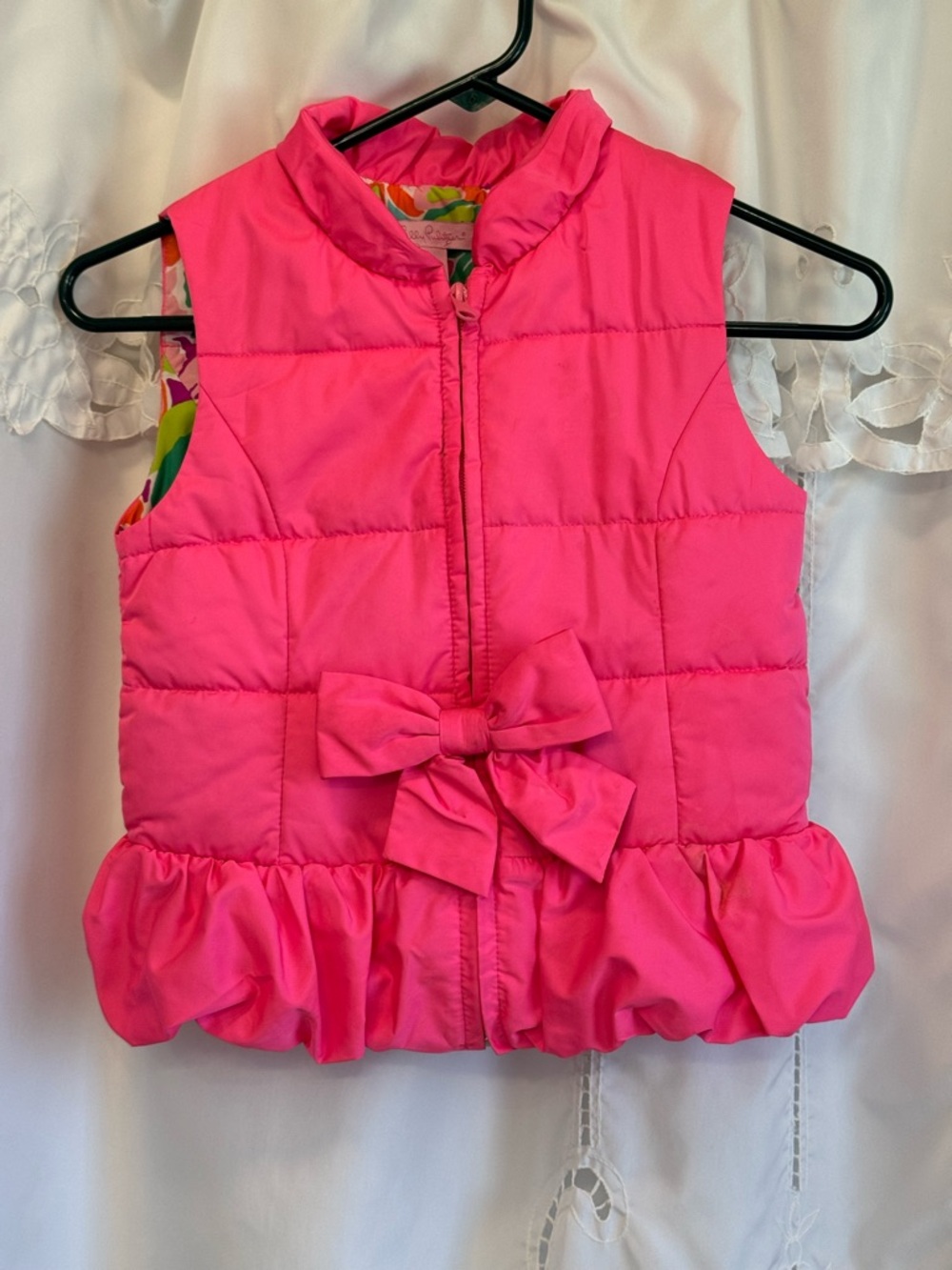 Lilly Pulitzer Girls Hot Pink puffer vest with bow 8/10